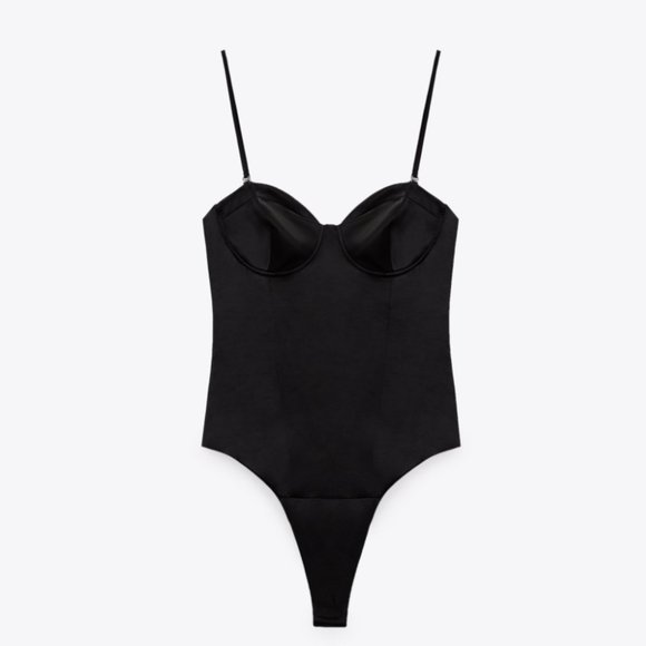 ZARA Black Corset Cups Satin Effect Black Bodysuit - Picture 5 of 5